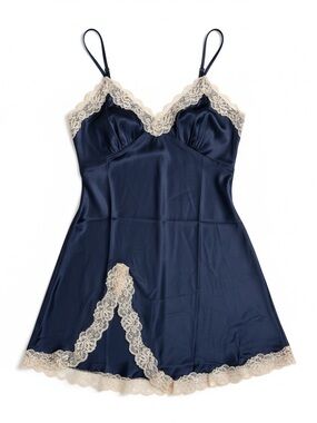 ✨ SilkSilky 100% Silk Lace Slip Dress Navy 19 Momme NWT